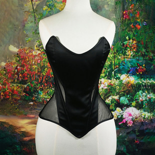 2025新款 鱼骨塑身上衣女士猫眼定型纱拼婚纱缎胸衣黑色7002