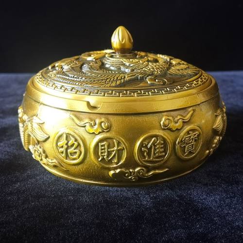 黄铜烟缸双龙浮雕烟缸纯铜烟灰缸家用客厅茶几办公室茶桌装饰摆件