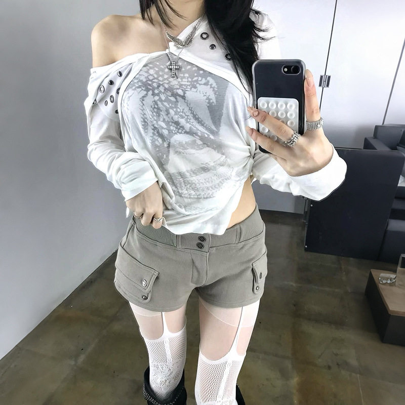 2026欧美不规则印花荡领变长袖做旧小众设计感上衣背心套装女