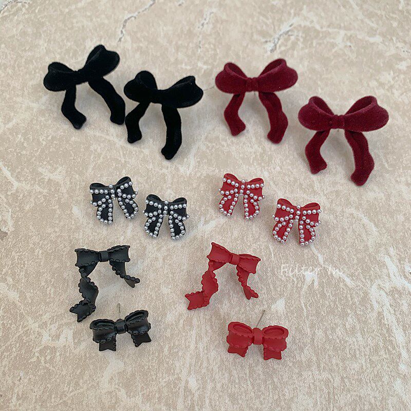 有滤镜 红与黑 法式复古气质 ribbon 蝴蝶结耳环/耳夹 三款入