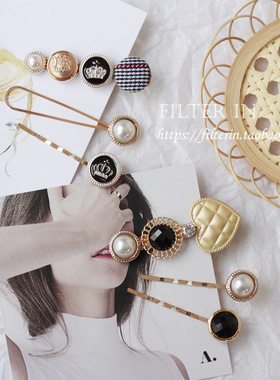 (半价清仓）英伦风千鸟格纽扣珍珠组合气质小姐姐发夹一字夹套装~