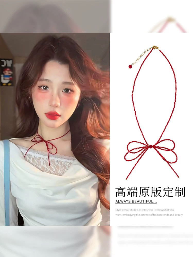 自制 显白红色蝴蝶结尖晶石choker项链女锁骨链高级感颈联配饰潮