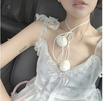 韩国毛球蝴蝶结项链丝绒少女心小物毛绒毛衣颈链项圈软妹choker萌