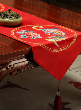 中式绣花桌旗茶几桌布红色凤穿牡丹餐桌布婚庆流苏电视柜盖布防滑
