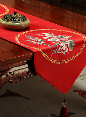 结婚红色桌旗新中式喜庆盖布刺绣鸳鸯戏水茶几垫布中国风长条盖巾