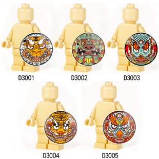 小颗粒配件中国古代虎头麒麟龙头盾牌积木中古人仔玩具