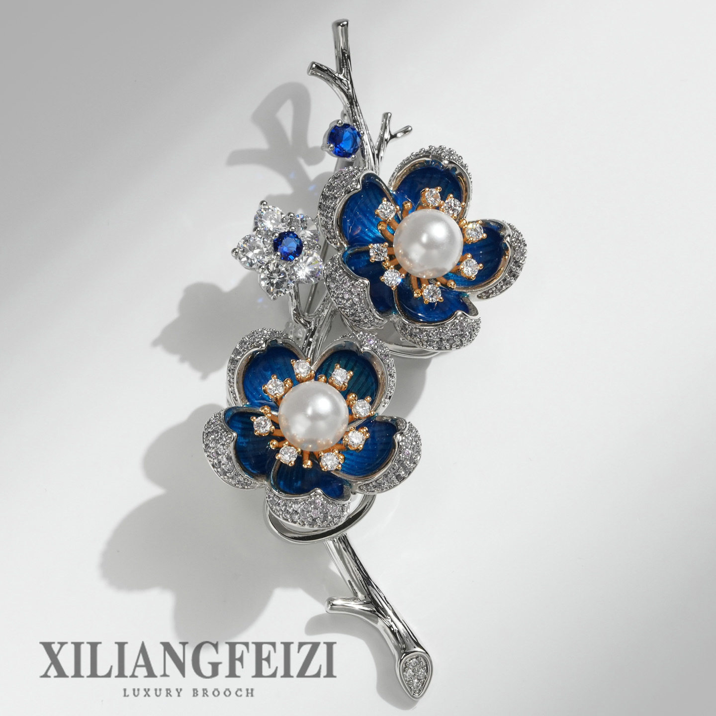 西凉妃子 田园风奢华宝蓝桃花胸针耳夹双用配饰品个性珍珠胸花,饰品/流行首饰/时尚饰品新,胸针,淘宝优惠券,粉丝福利购,淘宝优惠卷