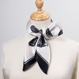 优雅 玫瑰 68cm100%丝巾方巾高级感丝巾绑发送礼 暗夜黑玫瑰