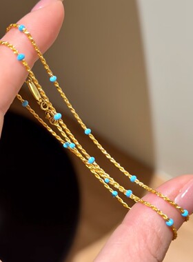S925纯银珐琅工艺蓝松金色麻花链锁骨链独特小众轻奢高级项链配饰