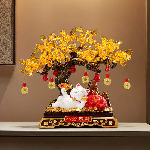 招财发财树躺赚猫摆件高档入户玄关客厅电视柜办公室装饰开业礼物
