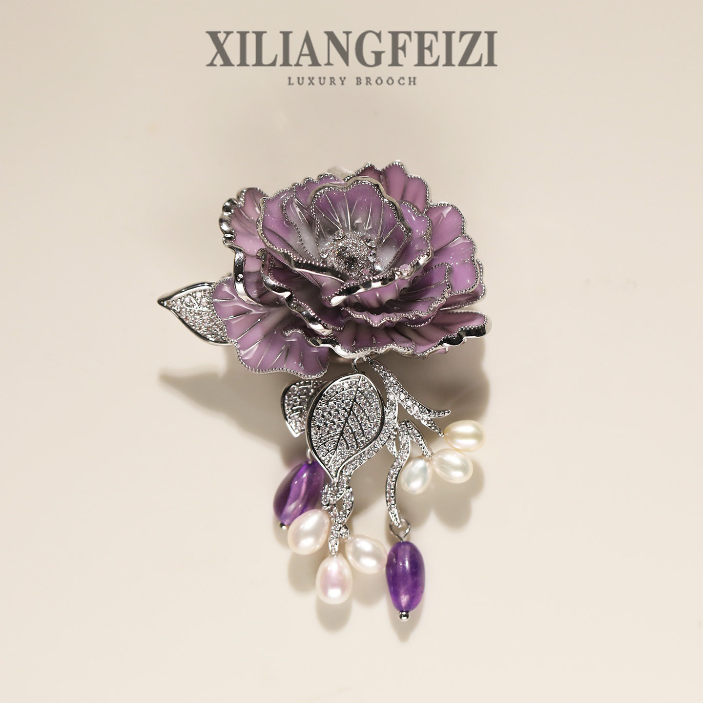 西凉妃子 原创高级感优雅紫色蔷薇花胸针 天然珍珠紫水晶胸花配饰