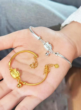 Hellokitty铃铛手链足银9999纯银手镯女镀24k黄金手环情人节礼物