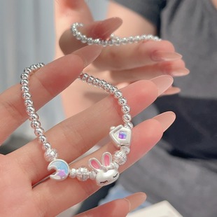 卡通女童999纯银手链女儿童手饰小孩宝宝流氓兔足银手串生日礼物