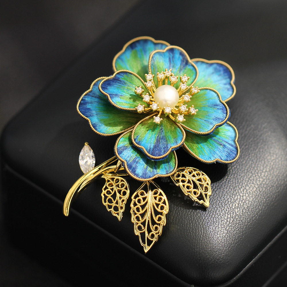 优雅复古非遗工艺蓝色绒花牡丹花胸针大气淡水珍珠花束别针胸花女