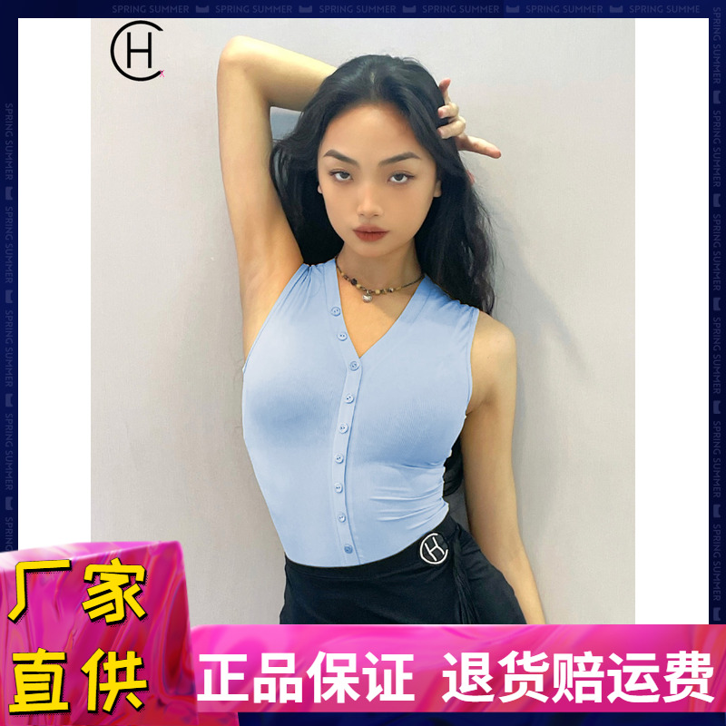 网红V领连体上衣女无袖练功服