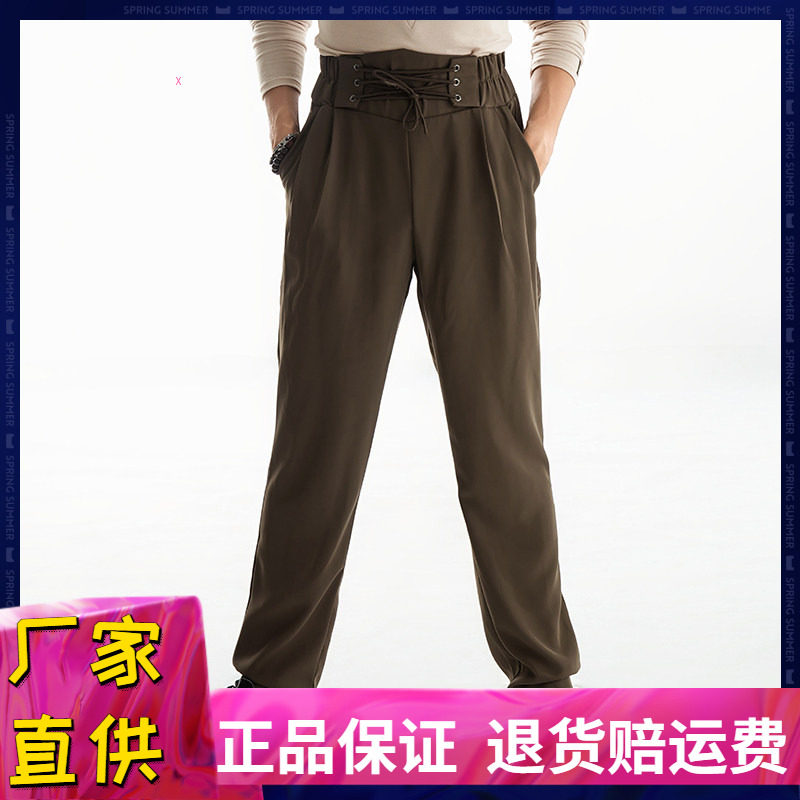 皇朝舞蹈新款咖色拉丁舞裤成人男小脚裤高腰系带练功服裤子MA2219