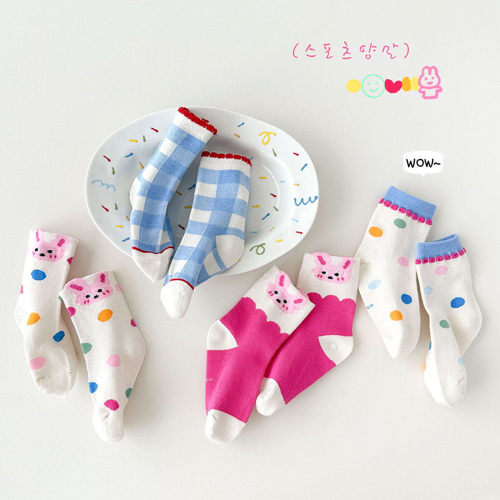 4双装 儿童袜子春秋季新款卡通小兔中筒袜彩色女孩宝宝精梳棉袜