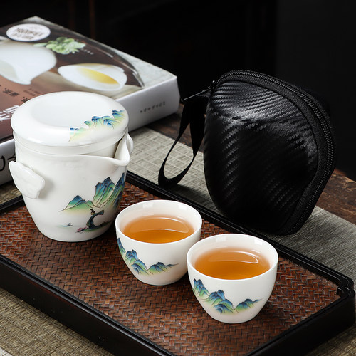 国莹羊脂玉瓷旅行茶具车载便携式