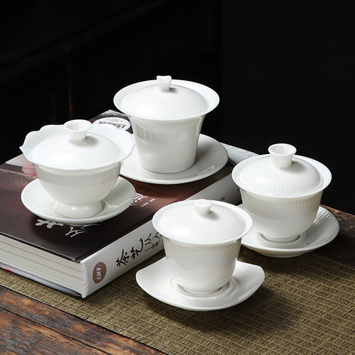 羊脂玉瓷三才盖碗LOGO礼品定制