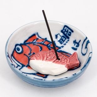 日本进口鲷鱼釉下彩陶瓷碟日式盘子碗香盘香插线香熏香送同款香立
