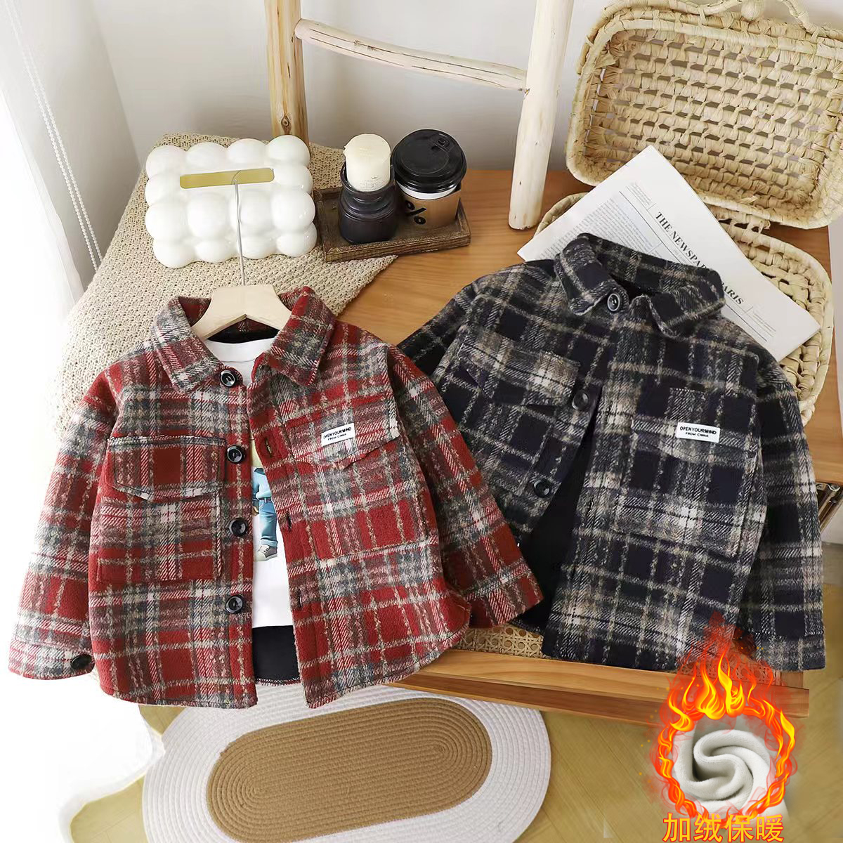 2024秋冬季儿童加绒加厚男女宝宝褂子上衣长袖上衣中小童衬衣潮流