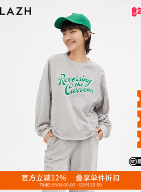 URLAZH有兰新款复古花灰色宽松圆领印花卫衣女JM3SW05