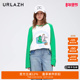 URLAZH有兰新款 复古白绿拼色趣味印花休闲圆领宽松拼色长袖 T恤女