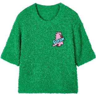 URLAZH有兰新款复古清新绿色显白质感宽松针织短袖毛衣女