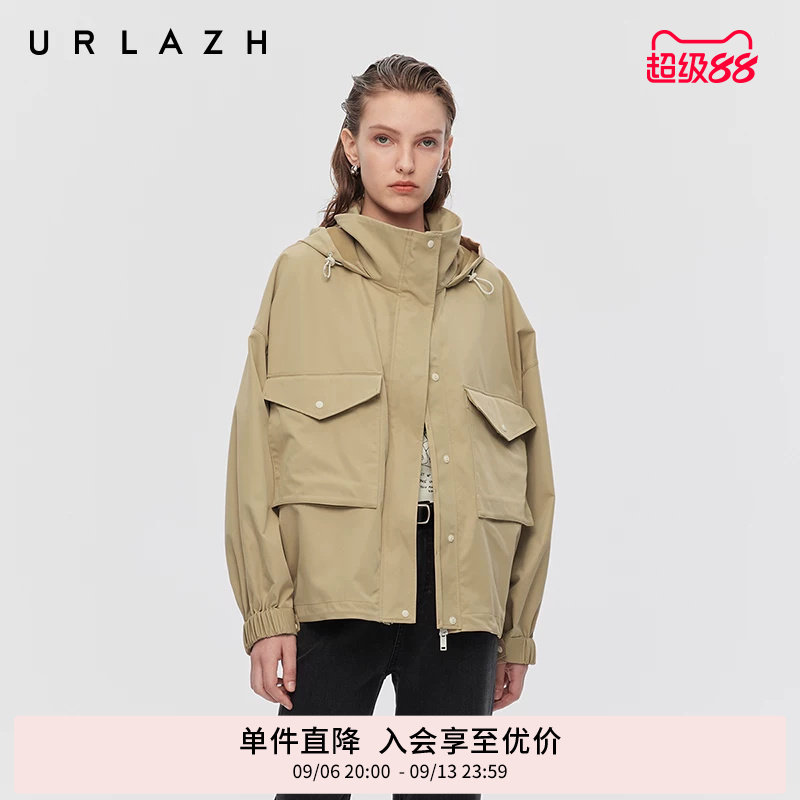 URLAZH有兰春季新款巴恩风卡其色立领宽松轻工装派克连帽短外套女