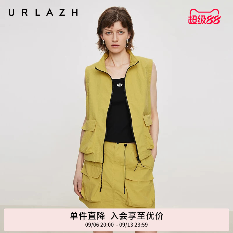 URLAZH有兰夏季新款甜酷复古日落黄户外休闲立领无袖工装马甲外套