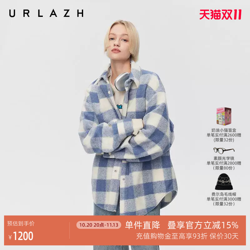 URLAZH有兰春季新款清爽奶油蓝白格纹宽松翻领衬衫式羊毛大衣外套