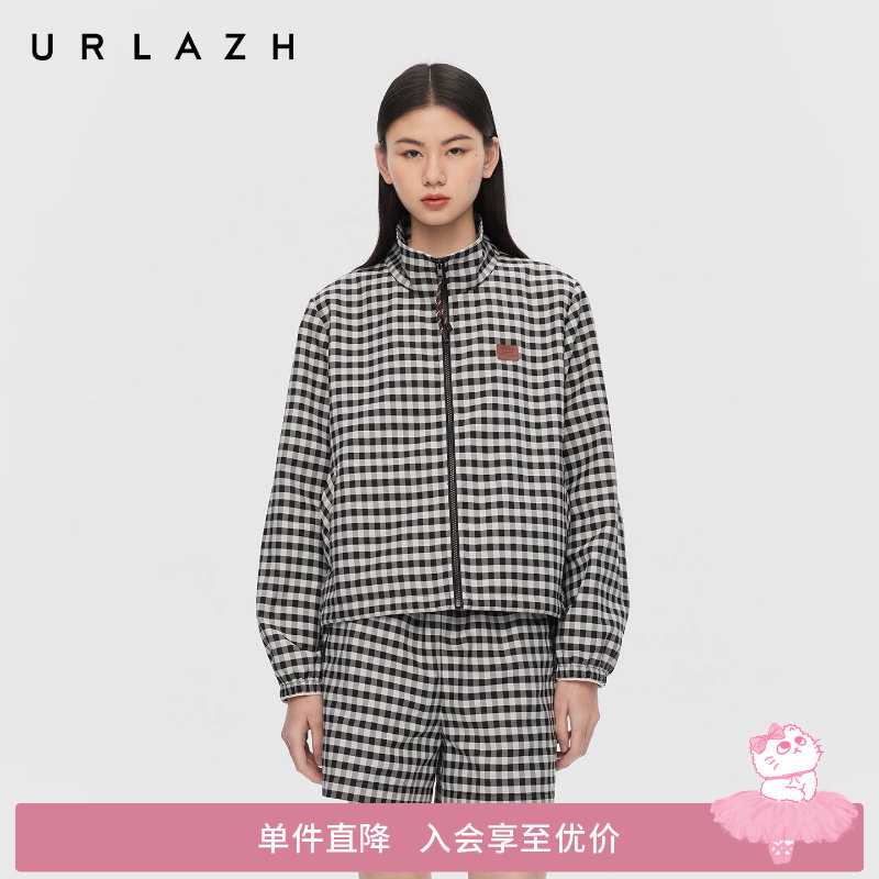 URLAZH有兰春季新款MIU系复古风黑白格纹立领正肩宽松短款外套女