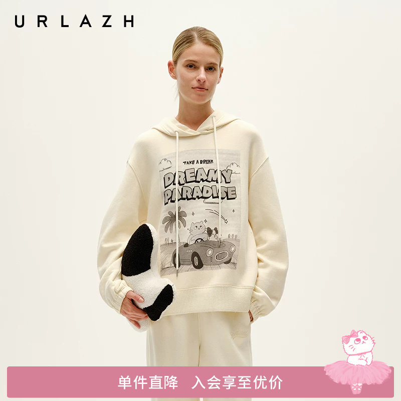 URLAZH有兰冬季新款美式漫画印花加绒连帽宽松休闲米白长袖卫衣女