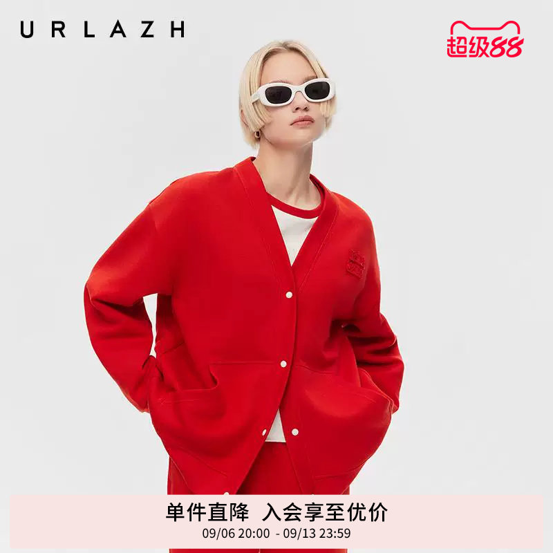 URLAZH有兰春季新款番茄红萌趣减龄U等等猫咪V领宽松空气层外套女