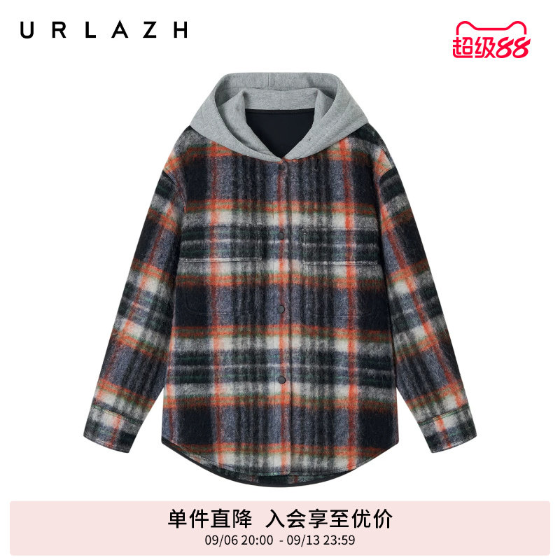 URLAZH有兰冬季新款复古学院风撞色格纹拼接落肩宽松羊毛连帽外套