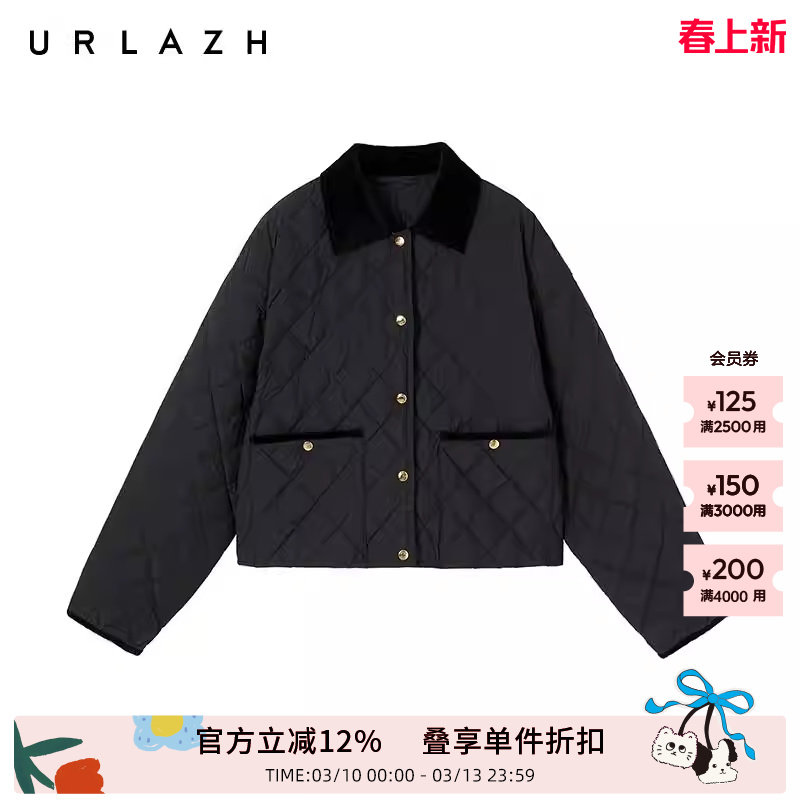 【90%鹅绒】URLAZH有兰秋季新款黑色休闲菱格纹轻薄羽绒服外套女
