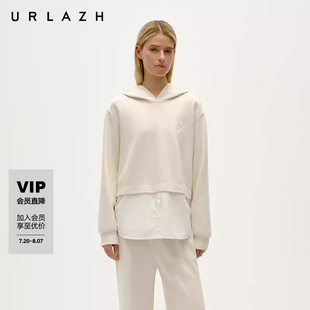 新款 URLAZH有兰冬季 简约假两件拼接宽松休闲绣花连帽套头卫衣女
