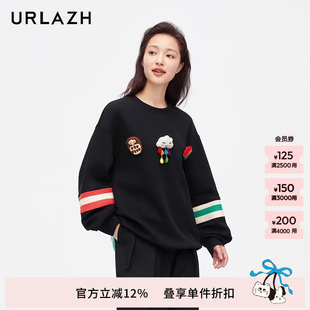 URLAZH有兰新款 圆领卫衣女LM3SW90 黑色简约休闲圆领长袖