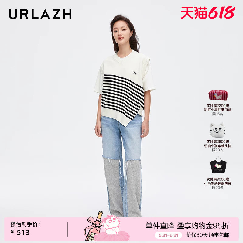 URLAZH有兰新款宽松复古直筒拼接毛边牛仔裤女JM3DP15