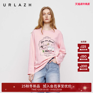 U等等植绒印花圆领长袖 新款 宽松T恤女 URLAZH有兰2025秋季 商场同款