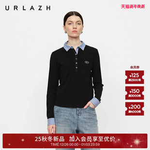 URLAZH有兰2025冬季 打底衫 新款 纹拼接polo长袖 女 复古风格 商场同款