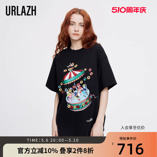 URLAZH有兰夏季新款洋气时尚百搭减龄黑色印花休闲短袖T恤女