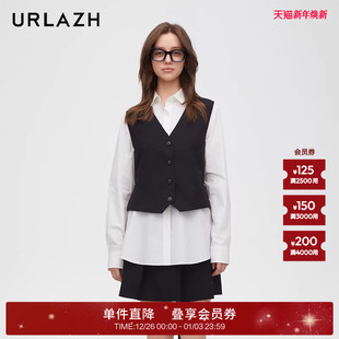 女 马甲衬衫 URLAZH有兰新款 气质黑白撞色百搭假两件设计感纯棉长袖