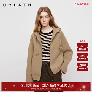 摩卡棕短款 新款 羊毛连帽毛呢外套大衣 URLAZH有兰2025秋季 商场同款