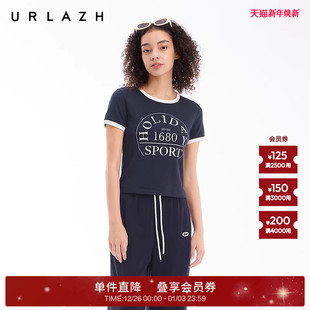 短袖 URLAZH有兰夏季 修身 高智学院风复古藏青色圆领短款 T恤女 新款