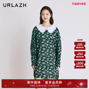 黑色气质碎花纯棉娃娃领长袖 复古法式 连衣裙女 新款 URLAZH有兰夏季