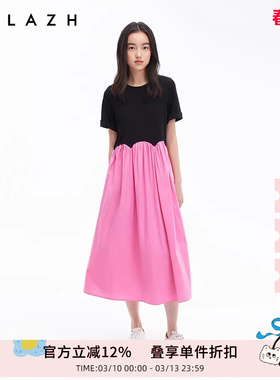 URLAZH有兰夏季新款度假风黑粉撞色拼接圆领短袖休闲花瓣连衣裙女