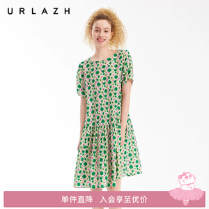 URLAZH有兰夏季新款清新氧气感草绿色圆领短袖桑蚕丝碎花连衣裙女