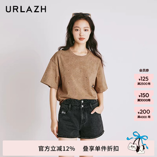 复古烫钻纯棉休闲宽松圆领气质百搭短袖 T恤女 新款 URLAZH有兰夏季