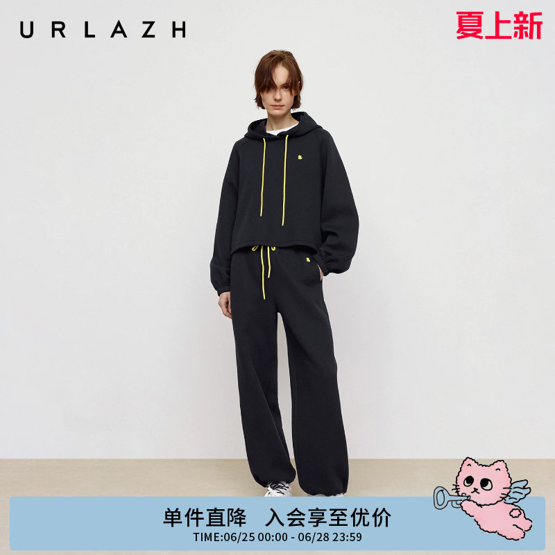 URLAZH有兰秋季新款U等等猫咪印花藏青色宽松直筒运动休闲长裤女 - 实物图